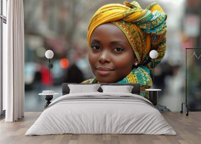 A woman wearing a colorful scarf and a head wrap. She is smiling and looking at the camera Wall mural