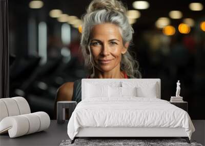 A woman with a ponytail and a tank top is smiling in a gym. She looks happy and confident Wall mural