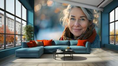 A woman with a scarf on her neck and a smile on her face. She looks happy and content Wall mural