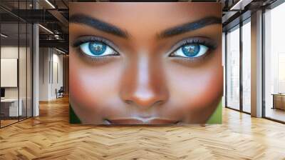 A woman with brown hair and brown eyes. She has a blue eye shadow on her eyes. The woman has a beautiful and confident look on her face Wall mural