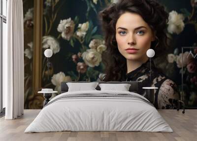 A woman with long hair and a black lace top poses in front of a floral wallpaper. Concept of elegance and sophistication, as the woman's attire and the backdrop create a classic and timeless look Wall mural