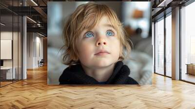 A young blonde child with blue eyes is looking up at the camera. The child is wearing a black hoodie and he is in a cozy, comfortable setting Wall mural