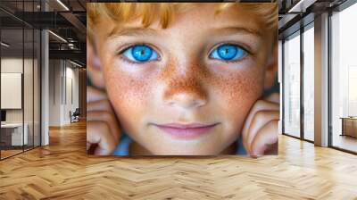 A young boy with blue eyes and red hair. He is smiling and looking at the camera. The boy has a blue eye shadow on his left eye Wall mural