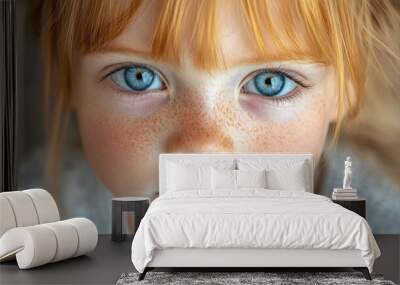 A young girl with blue eyes and red hair. She has a freckled nose and a freckled face Wall mural