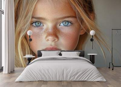 A young girl with light brown hair and blue eyes. She has a light brown face with a few freckles Wall mural