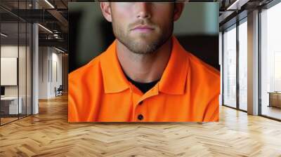 A young man sitting quietly indoors displays a serious demeanor. His bright orange shirt contrasts with his neutral background, highlighting his captivating blue eyes Wall mural