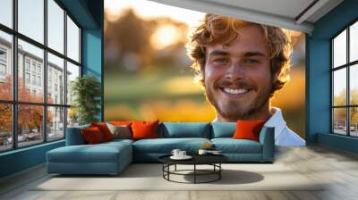 A young man with curly blonde hair smiles brightly at the camera, with the setting sun behind him Wall mural