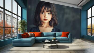 A young multiracial girl wearing a black dress is standing and looking directly at the camera Wall mural