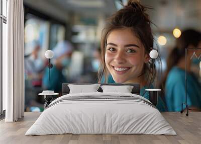 A young woman in blue scrubs smiles at the camera while working in a professional environment Wall mural