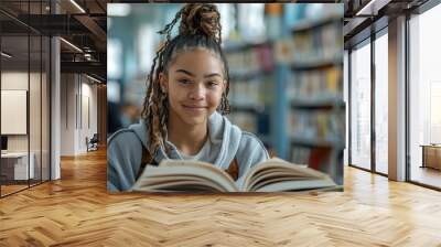 A young woman with dreadlocks smiles while reading a book in a library Wall mural