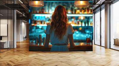 An adult Baltic woman facing away from the camera while standing at a bar Wall mural