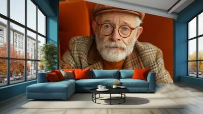 An elderly man wearing glasses and a hat. He has a thoughtful expression on his face Wall mural