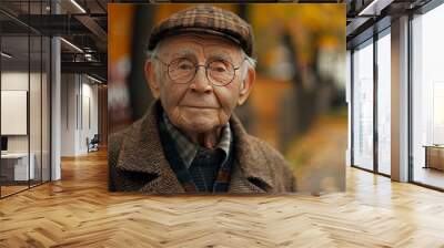 An old man with glasses and a hat is standing on a sidewalk. He is wearing a brown coat and a black shirt Wall mural