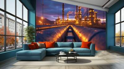 captures an oil refinery brightly lit up against the dark night sky. The towering structures and pipelines are illuminated, creating a stark contrast between light and shadows in the industrial Wall mural