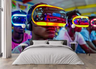 Close-up of three African American male friends wearing VR headsets, engrossed in a virtual reality game Wall mural