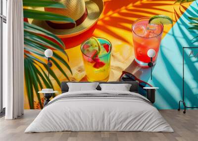 Colorful tropical cocktails on a vibrant beach setup with palm shadows, refreshing summer drinks with a vacation vibe Wall mural