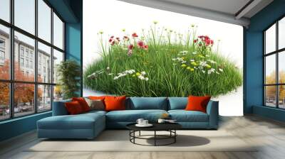 Round grassy field with wild flowers 3d render isolated on white Wall mural