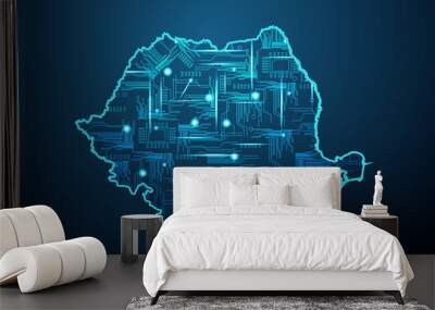 Abstract futuristic map of romania. Circuit Board Design Electric of the region. Technology background. mash line and point scales on dark with map. Wall mural