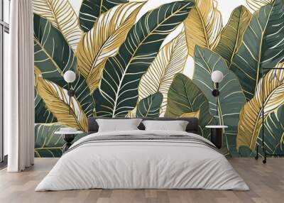 Abstract luxury art background with tropical leaves in blue and green colors with golden art line Wall mural