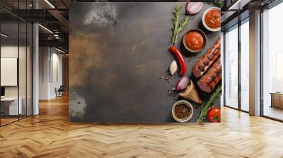 Barbecue menu. Grilled meat and vegetables on rustic wooden table Wall mural