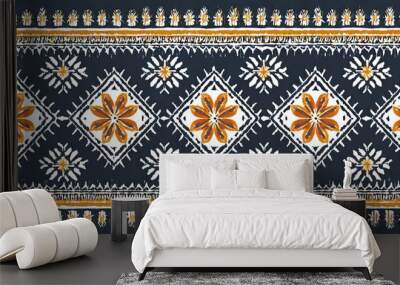 Beautiful Ethnic abstract ikat art. Seamless Kasuri pattern in tribal,folk embroidery,and Mexican style Wall mural