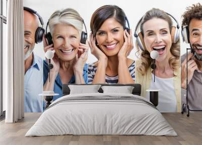 Diverse Group of Happy People Listening to Music with Headphones, Smiling and Enjoying, Isolated on White Background Wall mural