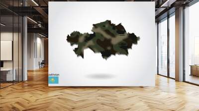 Kazakhstan map with camouflage pattern, Forest - green texture in map. Military concept for army, soldier and war. coat of arms, flag. Wall mural