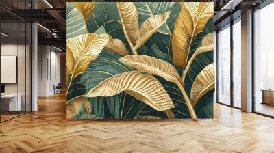 Luxury gold nature background. Floral pattern, Golden bananas, palms, exotic flowers, line arts illustration. Wall mural