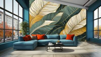 Luxury gold nature background. Floral pattern, Golden bananas, palms, exotic flowers, line arts illustration. Wall mural