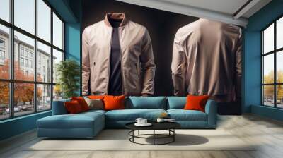 Stylish Cool Jacket Mockup - Front and Back View of Modern Beige Bomber Jacket on Black Background Wall mural