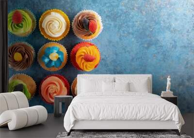 Tasty cupcakes on the Dark table. Top view of Colorful Cup Cake. AI Generated. Wall mural