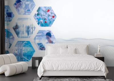 Healthcare innovation concept with images of doctors, medical equipment, research data, and DNA. Wall mural