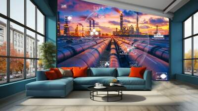 Refinery with digital data visualization, heavy industry digital transformation concept. Wall mural