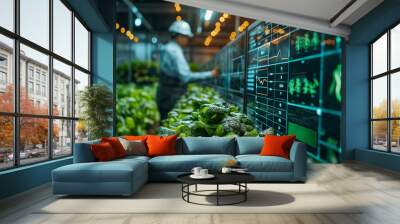 Agricultural worker, farmer monitoring plant health in high tech greenhouse, using digital data analysis for modern agricultural innovations and modern farming that uses technology for future of food Wall mural