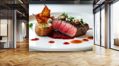 steak grilled with fresh ingredients well flavor on beautiful plate, served on restaurant table background for meals, dinner, lunch for delicious food theme Wall mural