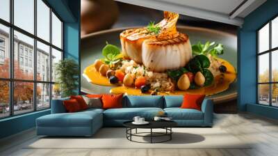 steak seafood plate with scallop and variety of fresh ingredients well flavor on beautiful plate, se Wall mural