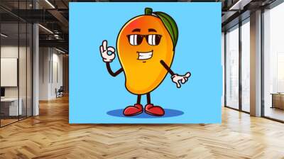 Cute Mango fruit character with eye glass and OK hand gesture. Fruit character icon concept isolated. flat cartoon style Premium Vector Wall mural