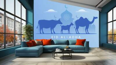 Eid al adha mubarak the celebration of muslim community festival background, banner, greeting design with gradient blue color theme. Silhouette lamb, goat and camel. Wall mural