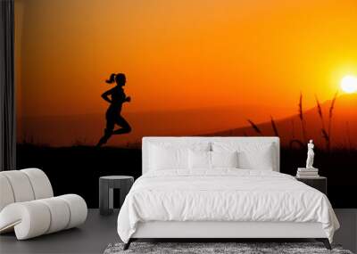 Silhouette of a Woman Running Towards the Sunrise.generative AI Wall mural