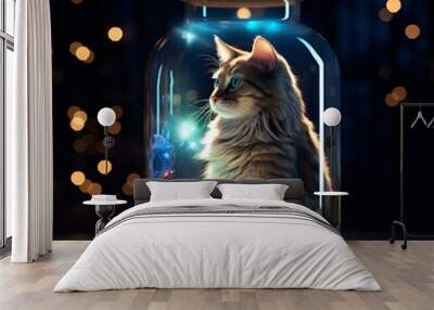 a cat in a bottle with a rainbow and stars, AI Generated Wall mural