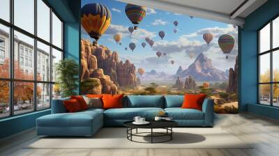 a colorful air balloon is over a desert, generative ai Wall mural