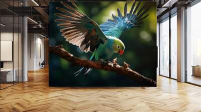 A colorful blue and green parrot perched on a branch amidst vibrant green, AI Generated Wall mural