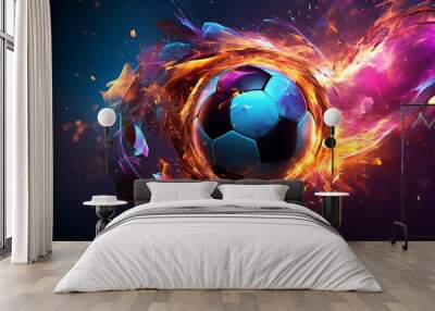 an orange soccer ball on fire, generative ai Wall mural