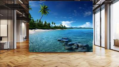 blue beach scene with palm trees, generative ai Wall mural