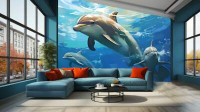 dolphins swimming in the ocean, generative ai Wall mural