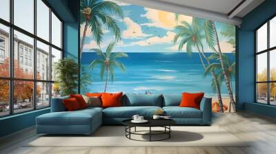 Hello summer background with beach view, sand, sea shells, sea star, palms. Generative AI Wall mural