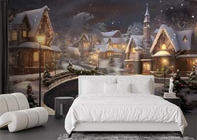 Digital painting of a snowy winter night in a small village with a bridge over the river Wall mural