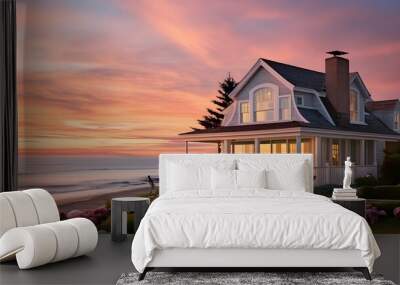 Panoramic view of a beautiful house on the beach at sunset. Wall mural