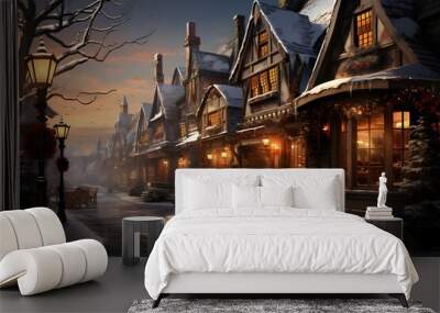 Winter landscape in the village. Christmas and New Year holidays concept. Wall mural