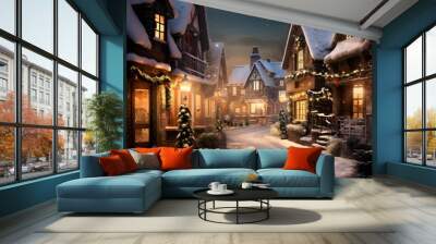 Winter night in the village. Christmas and New Year concept. Digital painting. Wall mural